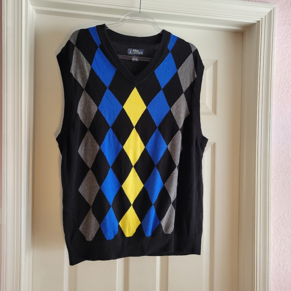 PGA TOUR Black Argyle Golf Sweater Vest Men's XL grandpa core fall winter cotton